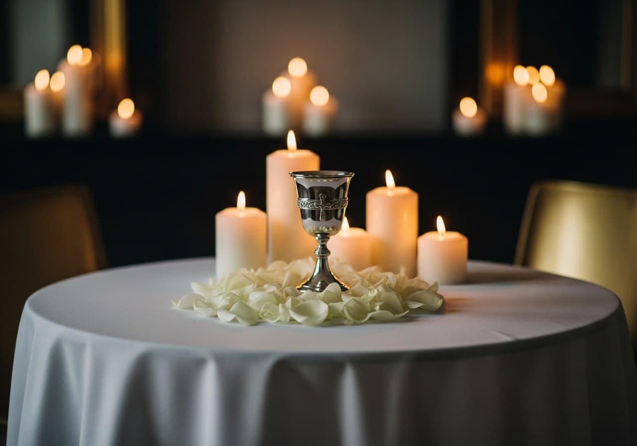 Cáliz de plata con velas y pétalos blancos sobre mesa — portada bautizo civil o en casa