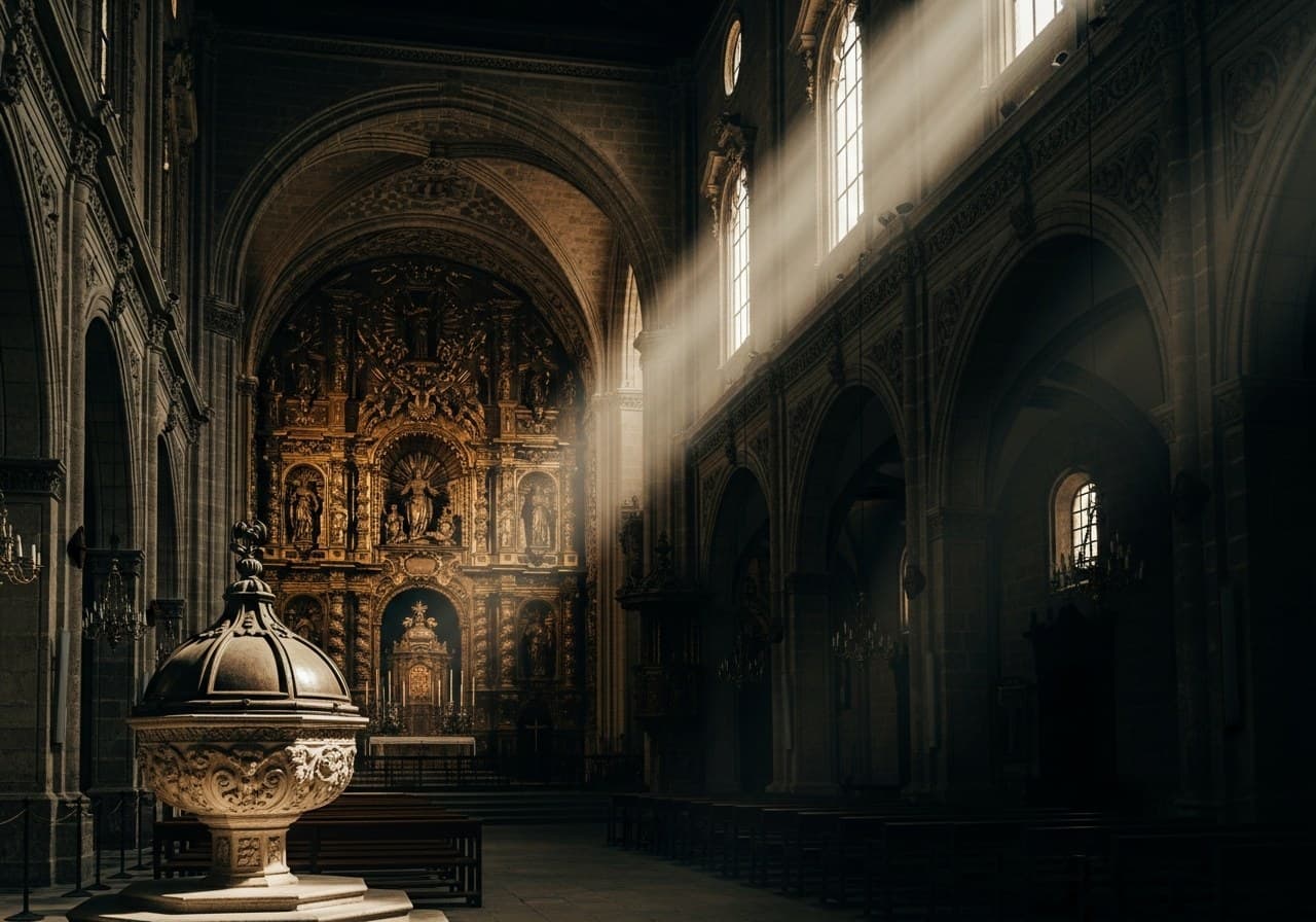 Interior de iglesia barroca sevillana con pila bautismal y rayos de luz — portada bautizo en iglesia