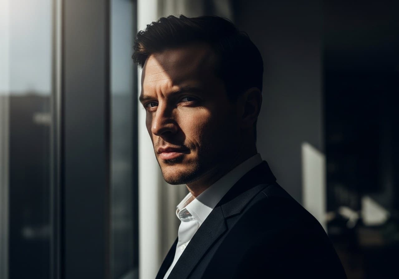Retrato corporativo profesional con luz de ventana dramatica