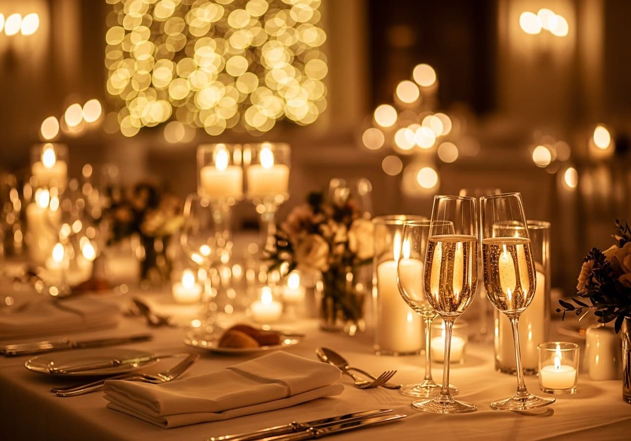 Celebración privada con luces bokeh doradas y copas de champán — fotografía de eventos privados
