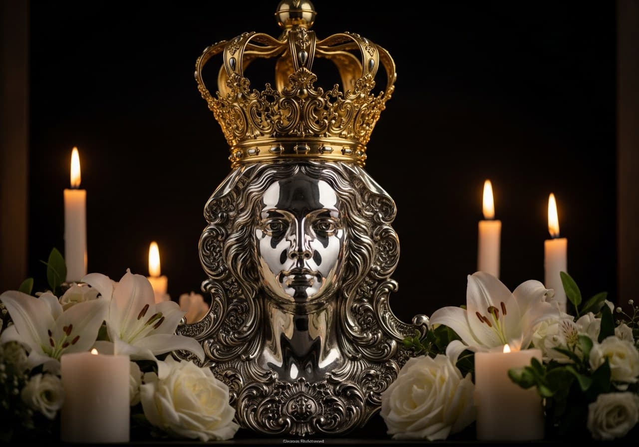 Detalle de imagen de Virgen con orfebrería y flores blancas — portada besamanos
