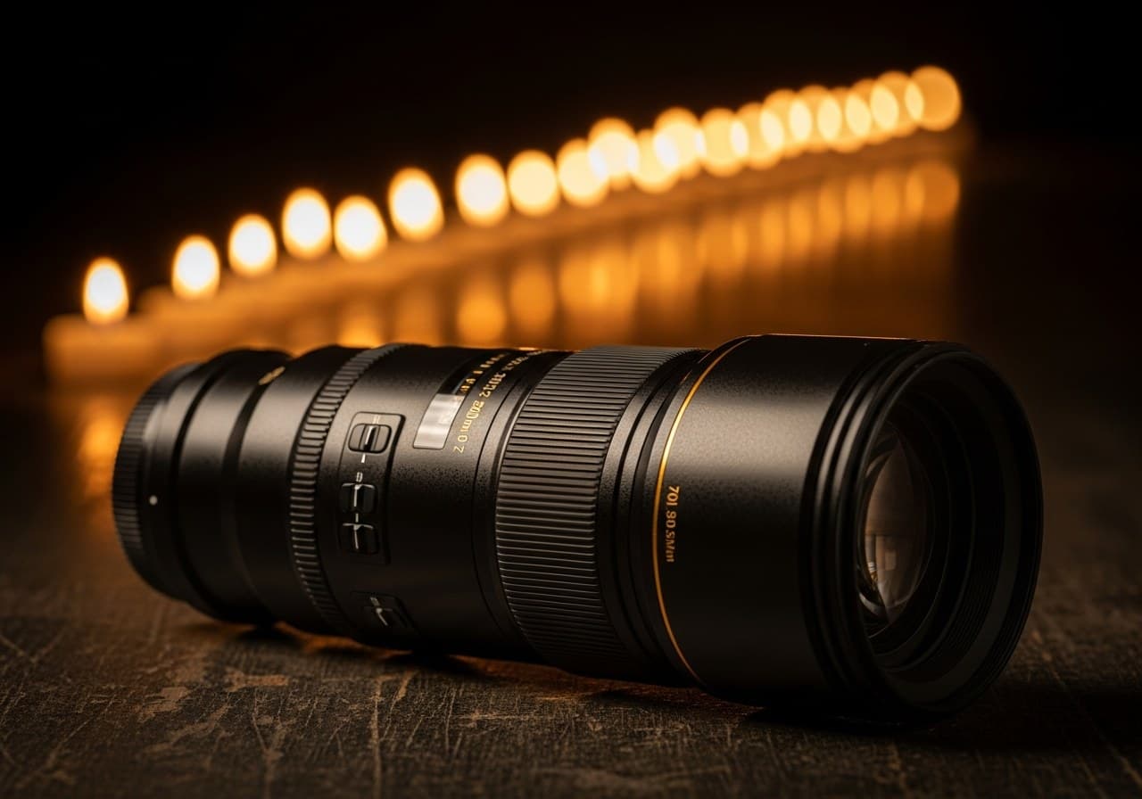 Objetivo de cámara profesional con bokeh de cirios — portada concursos fotografía