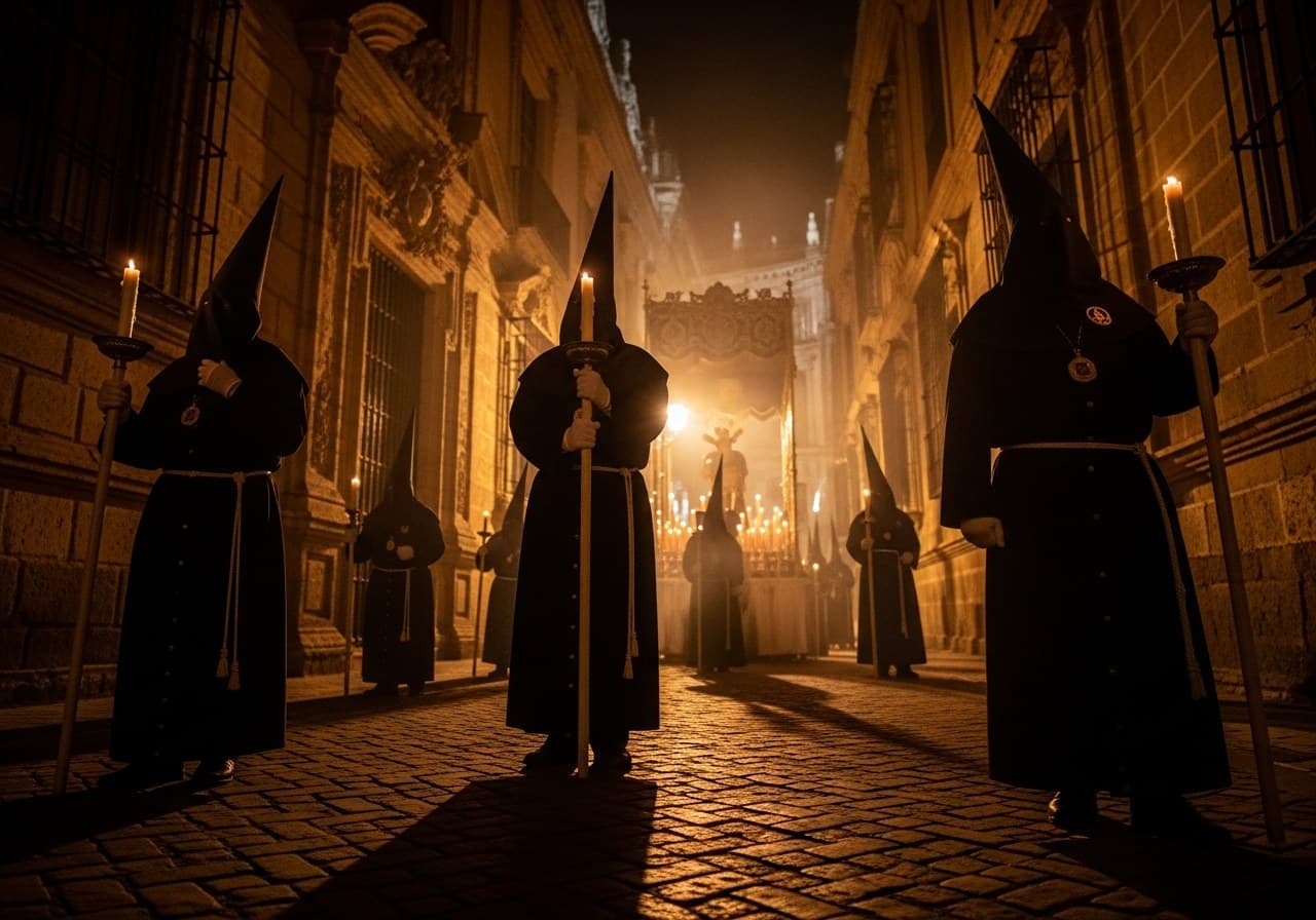 Nazarenos con cirios en procesión nocturna sevillana — portada reportaje de hermandades