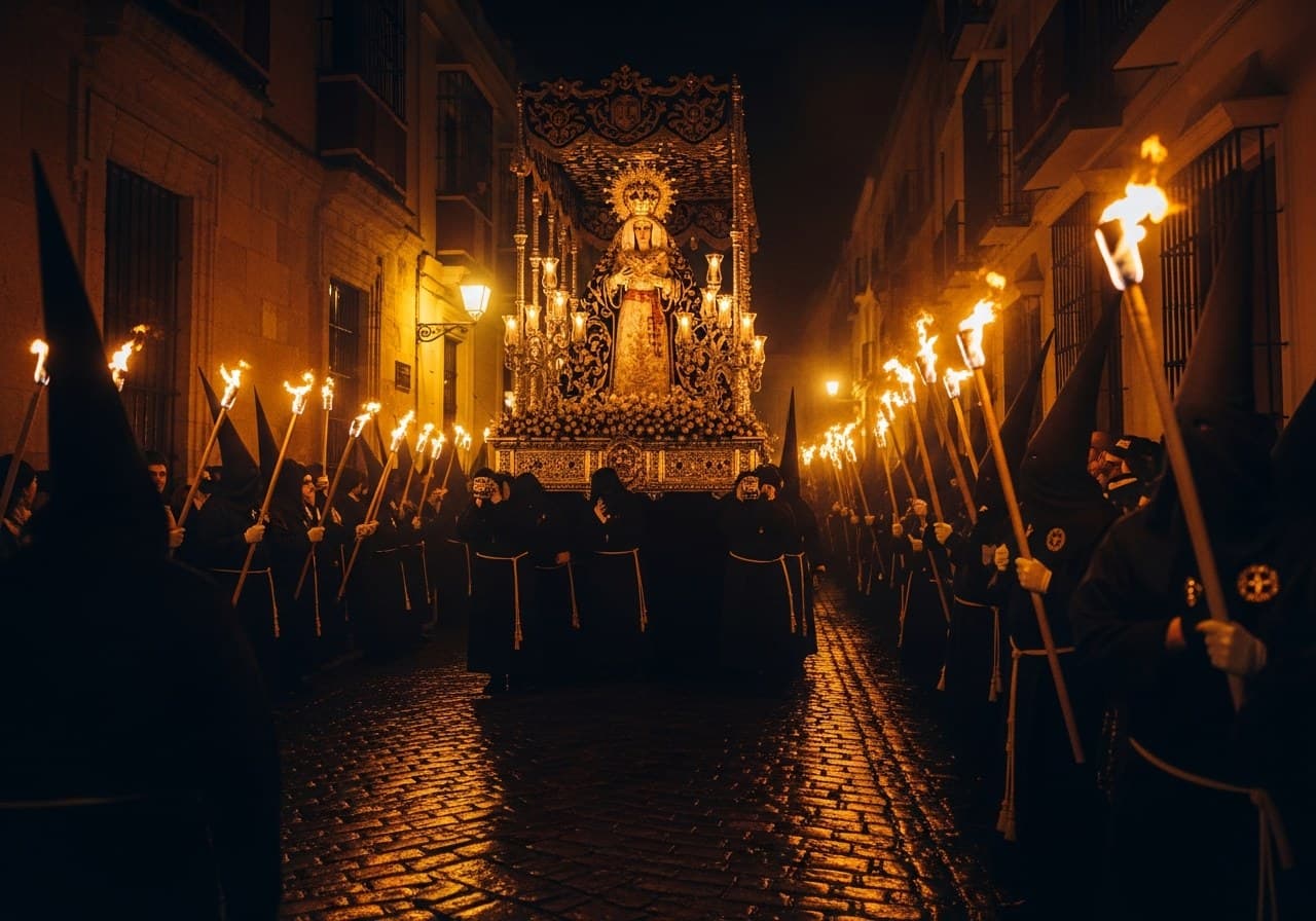 Paso de la Madrugá con luz de antorchas en Sevilla — portada cobertura Madrugá