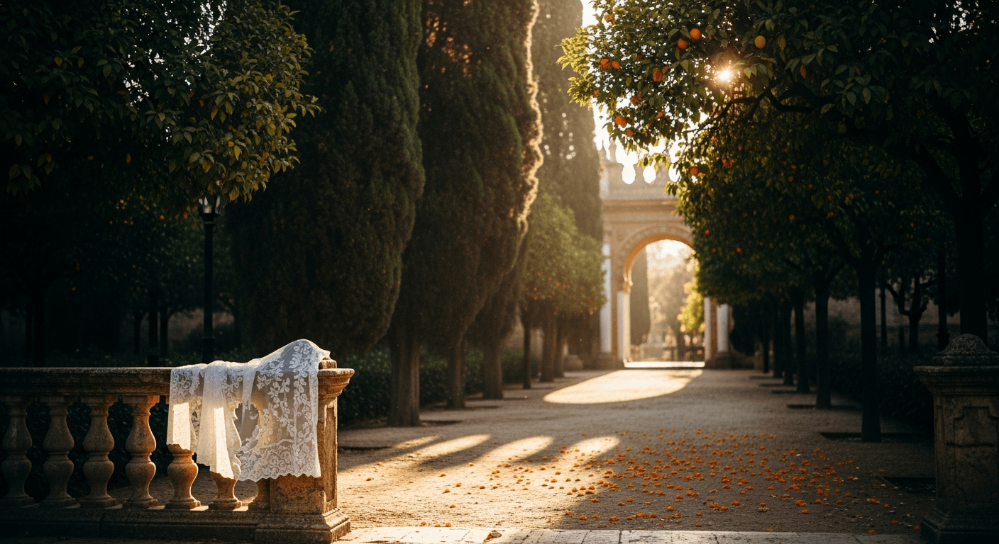 Jardín sevillano al atardecer con tela de comunión sobre balaustra de piedra — Fotografía Ruiz