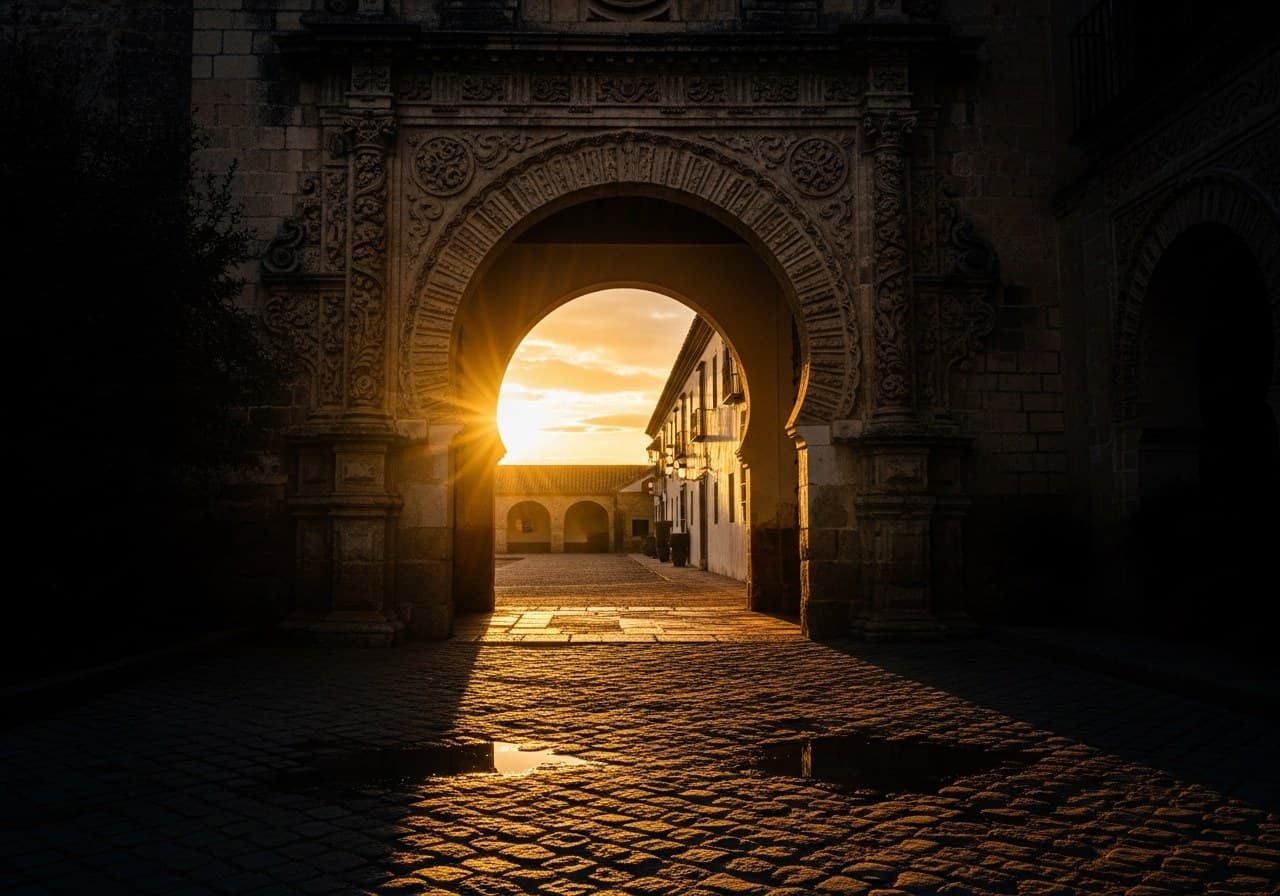 Arco de hacienda andaluza al atardecer dorado — portada guía fotógrafo boda Sevilla