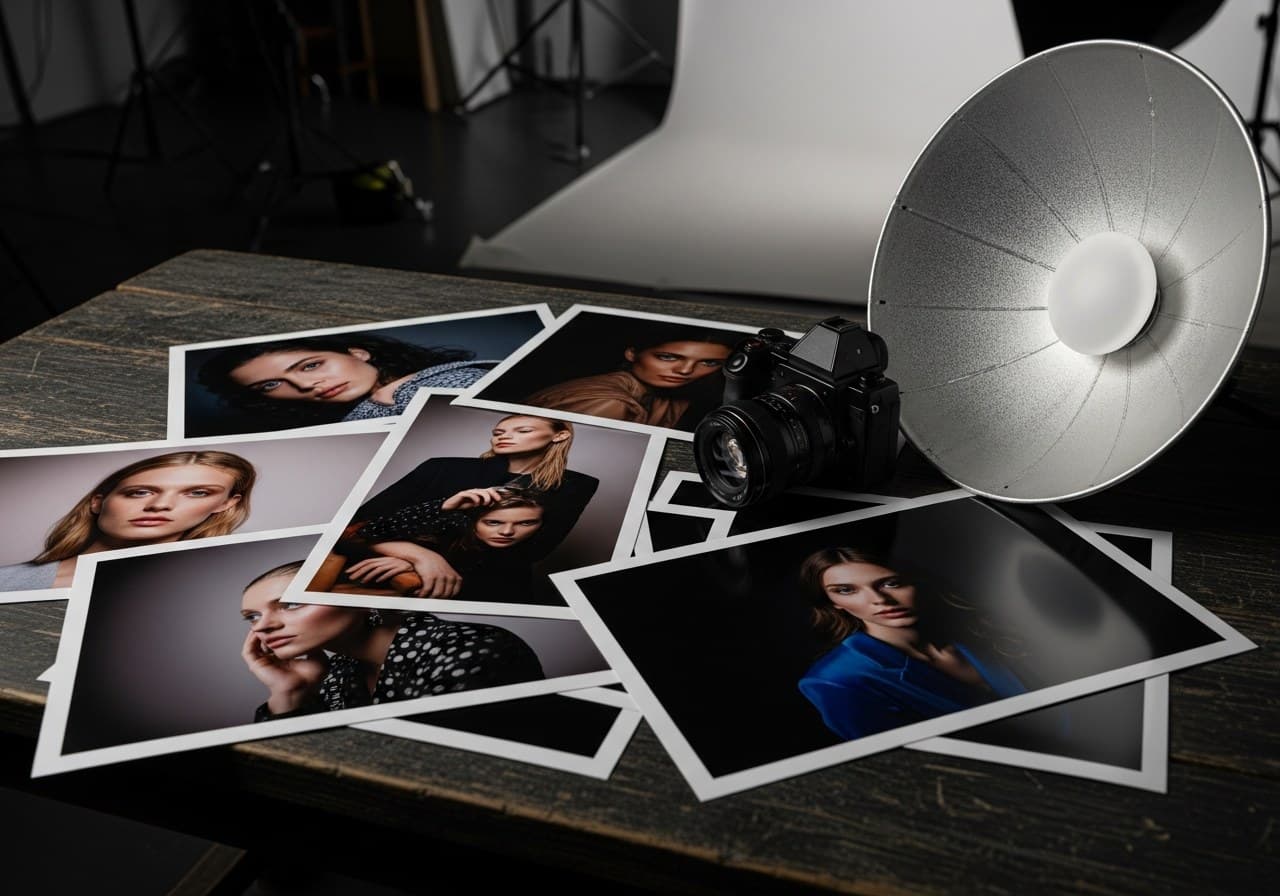 Contactos de portfolio sobre mesa oscura con equipo de estudio — book para agencias