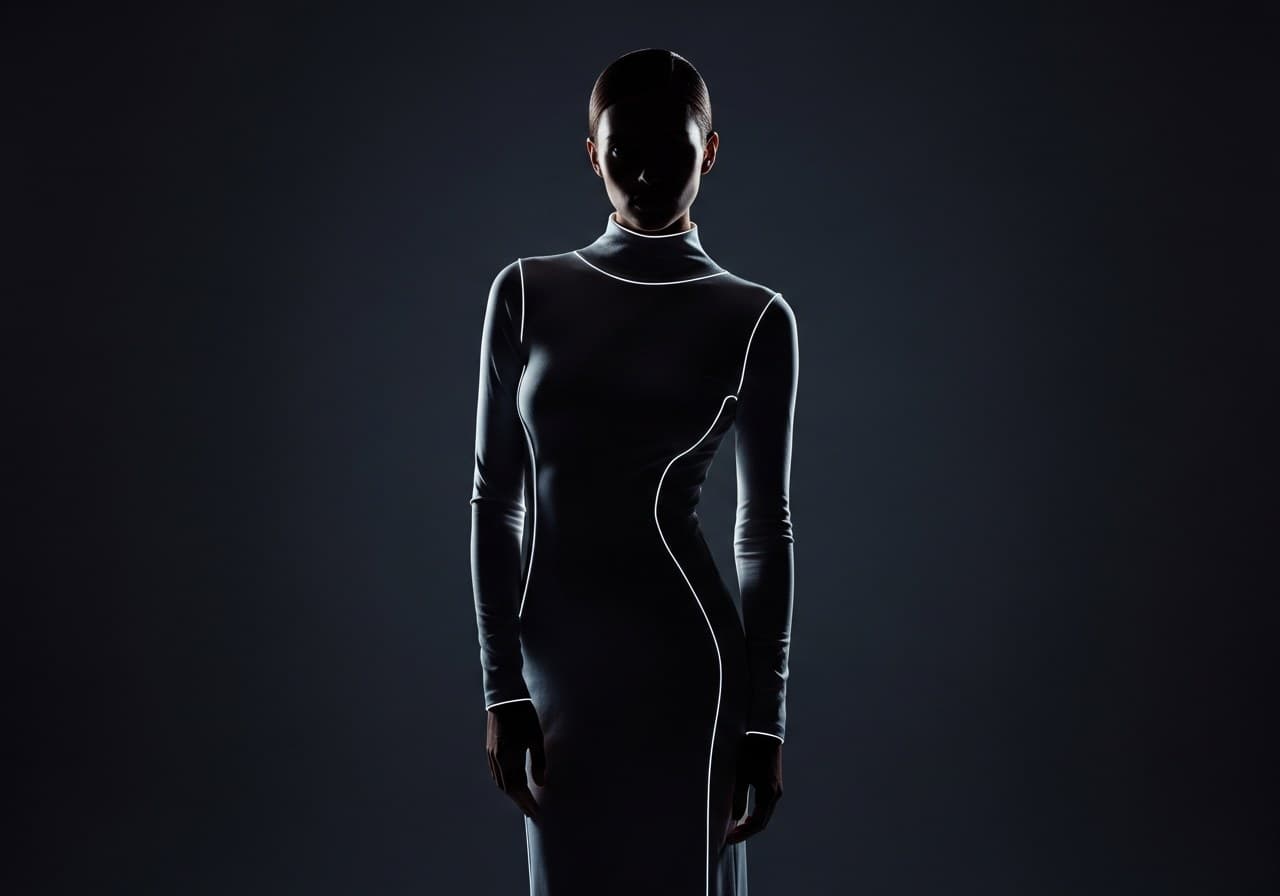 Retrato de moda con luz de borde dramática en estudio oscuro — book fotográfico en estudio