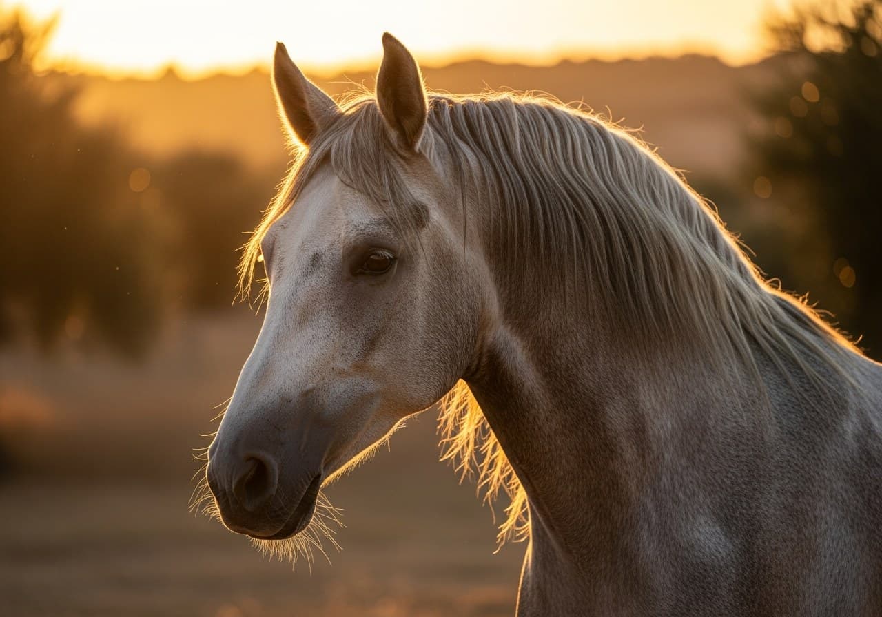 Retrato de caballo andaluz a contraluz dorado