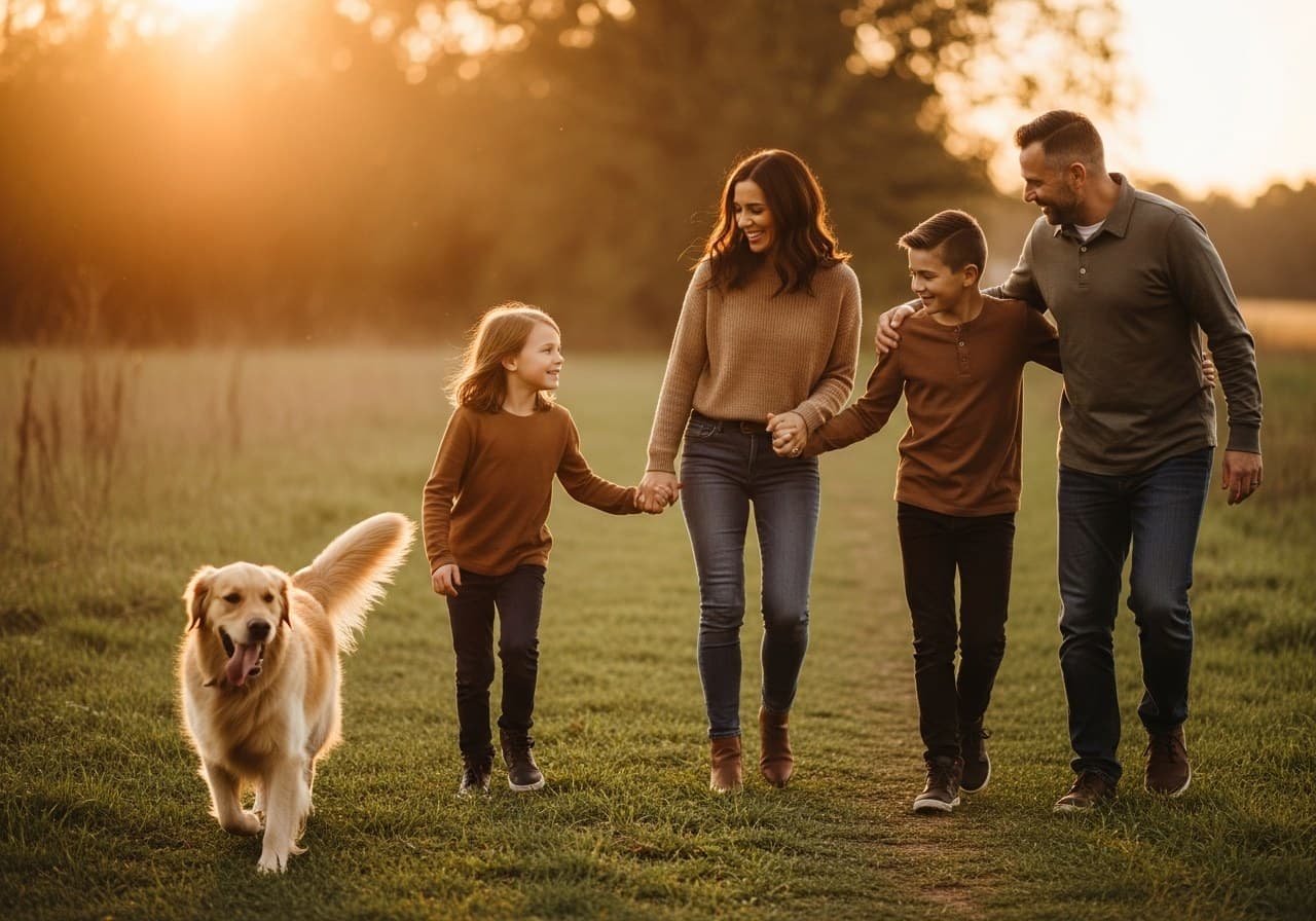 Familia con mascota al aire libre en hora dorada