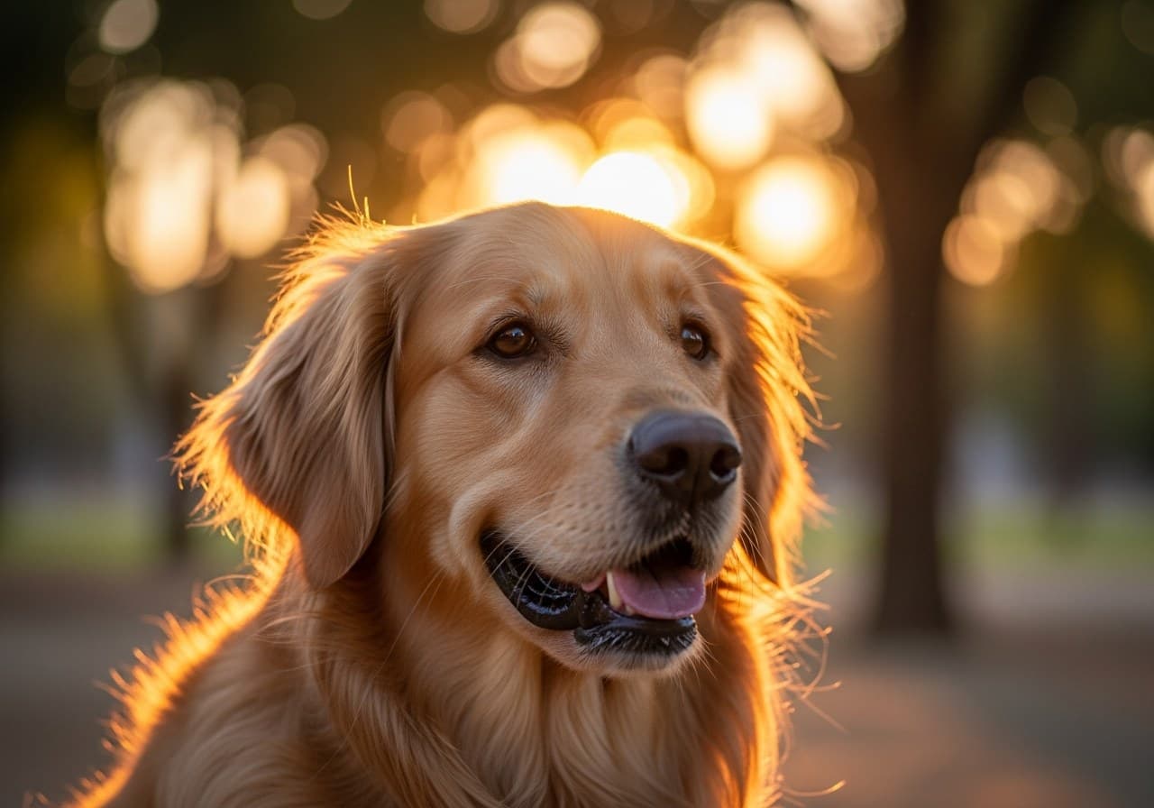 Retrato de golden retriever con luz de hora dorada en Sevilla